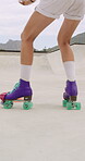 Cone, legs and person with roller skates for practice, agility exercise and control training challenge. Skate park, fitness and woman with precision for movement, feet and coordination development