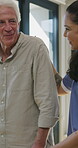 Nurse, old man and walking frame with support in clinic, rehabilitation or physical therapy. Walker, health care and help senior person in house with injury, osteoporosis or arthritis in retirement