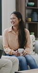 Daughter, talk and old man in home with tea, bonding together and laugh for funny story on weekend. Happy, elderly father or woman in living room with coffee, dad joke or family visit for retirement.