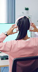 Start, computer screen or woman with headphones for gaming, virtual contest or play for entertainment. Digital world, back or person with tech for video game competition, home or begin online battle