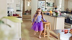 Dance, energy and girl child in kitchen of family home for development, playful fun or snack. Dancer, eating food and music with excited kid in apartment for growth, morning movement or rhythm
