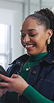 Typing, chat and woman with phone in office, texting and communication with contact on social media. Online, message and employee with internet connection, laugh and person with mobile in business