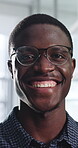 Glasses, happy and face of black man in office with confidence for technician career with about us. Smile, internship and portrait of it engineer with pride for troubleshooting in workplace.
