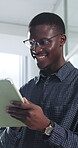 Happy, businessman and research on tablet in office, copywriting and proofreading article on website. Creative, copywriter and black person with tech for blog post, smile and editing in business