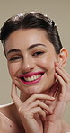 Beauty, smile and touching with woman in studio for cosmetics or dermatology benefits. Makeup, satisfaction and skincare with happy person feeling smooth skin on gray background for transformation