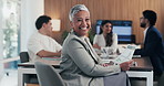 Woman, face and smile with documents at office meeting, team or confidence at financial company. Business people, mature leader and charts in portrait for review, happy and group at investment agency