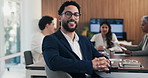 Man, face and smile with team at office meeting, glasses or confident at financial company. Business people, broker and happy in portrait for review, pride or audit for investment portfolio at agency