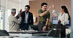 Business people, high five and celebration with team at office meeting, thanks or goal at finance agency. Group, motivation and support for promotion, success or congratulations at investment company