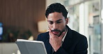 Confused, tablet and businessman in office with research for finance report with budget planning. Stress, digital technology and financial manager with decision on investment proposal in workplace.
