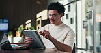 Smile, man and laptop with tablet in office for reading data report, compare live metrics or update. Analyst, person or happy with tech at desk for database management, monitor KPI or problem solving