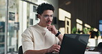 Thinking, businessman and online with laptop in office, digital marketing and typing project on web. Business, paid media specialist and person with tech for ad campaign, reflection and research