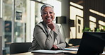 Laugh, laptop and face of businesswoman in office with confidence for finance career with documents. Happy, computer and portrait of mature financial manager with pride for about us in workplace.
