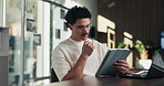 Businessman, online and thinking with tablet in office, data analysis and investment research on web. Financial analyst, scroll and person with tech for performance review, graph or ideas for project