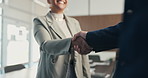 Business people, shaking hands and success with deal at office, welcome or motivation at finance agency. Group, handshake and agreement for promotion, congratulations or hiring at investment company