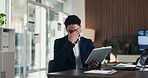 Man, tablet and stress with mistake at office with notes, frustrated or worry at investment company. Person, tech and financial advisor with crisis on application, notification or documents at agency
