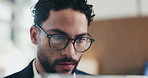 Business, man and glasses with tablet in office for income report, market trends and data analysis. Eyewear reflection, financial analyst and tech for budget forecasting, track KPI and finance news