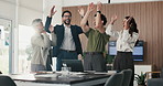 Business people, hands and pile for celebration at office, support and goals at finance company. Group, team and stack with success, motivation and applause for announcement at investment agency
