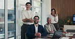 Face, meeting and business people in office with laptop, manager or collaboration for data analysis. Happy, stats team and finance management in workplace with computer, pride or about us for company