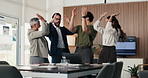 Business people, hands and stack for celebration at office, support and goals at finance company. Group, team and happy with success, motivation and applause for announcement at investment agency