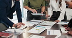 Documents, hands or business people in meeting with tablet, data analysis or writing idea for planning. Team, collaboration and strategy in office with paperwork, tech or graphs for statistics notes.