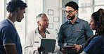 Doctors, team and meeting with tablet for medical planning, advice and support in hospital. Healthcare staff, people and discussion with digital tech, administrator and report for clinic results