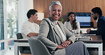 Face, laugh or mature businesswoman in meeting, legal representative service or case management career. Portrait, professional or lawyer with confidence for lawsuit defense, happy or client advocate
