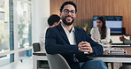 Face, business or man with smile in meeting, legal representative job or case management in law firm. Portrait, professional or lawyer with confidence for lawsuit defense, about us or client advocate