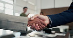 Business people, shaking hands and celebration with team at office meeting, welcome or goal at finance agency. Group, handshake and applause with promotion, success or hiring at investment company