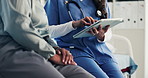Healthcare, tablet and nurse with old person, hands or discussion for test results on web in clinic. Medical professional, scroll and explaining diagnosis to elderly patient, talk and senior care
