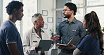 Doctors, strategy and meeting with tablet for medical planning, advice and support in hospital. Healthcare team, people and discussion with digital tech, administrator and report for clinic results