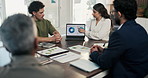 Presentation, discussion and people in office with laptop screen, data analysis and marketing insights. Person, speaking and team in business with computer, stats and charts for advertising strategy.
