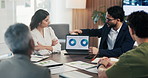 People, review and discussion in office with laptop screen, data analysis and marketing insights. Person, speaking and team in business with computer, stats and charts for advertising collaboration.