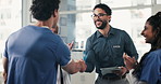 Administrator, handshake and meeting with applause for medical care, internship and support in hospital. Healthcare team, people and shaking hands with digital tech, nurse and promotion in clinic