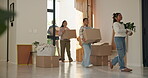 Smile, parents and children with boxes at new house for moving in, relocation and real estate. Happy, people and kids walk with cardboard package, property investment and renovation for fresh start 