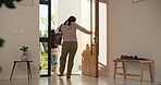 Phone call, woman and late with children in home for meeting, back to school and rush to leave. Documents, mobile chat and employee hurry with kids at front door for appointment, class and timelapse