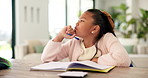 Thinking, notebook and girl with homework in home for learning, education and assessment. House, solution and child with pen for activity, assignment and lesson for studying, answer and development