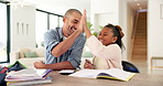 Learning, high five and dad with child with homework for maths, counting and help with activity. Family, development and father with happy girl for correct answer, calculator and books for education
