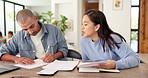 Happy, couple and writing with documents for financial planning, budget or expenses in home. Man, woman or smile with papers together or report for finance audit, investment or tax deduction in house