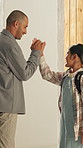 Education, father and high five child with backpack for learning, support and back to school. Happy family, man and girl getting ready for morning routine, study motivation and development in home