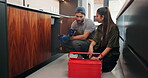 Plumber, man and talk with woman in kitchen, damage diagnosis or explaining repair process to client. Handyman, smile and discussion with homeowner, consultation and maintenance advice for person