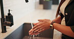Health, hand washing and woman in house with water, bacteria prevention or sanitization in wellness habit. Clean, routine and person with faucet, germ protection or safe practice in hygiene process.