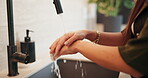 Health, hand wash and person in home with water, bacteria prevention or sanitization in wellness habit. Cleanliness, routine or woman with tap, germ protection or safe practice in hygiene process.