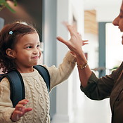 Education, mother and child with high five, backpack and love for ...