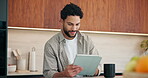 Remote work, man and smile with tablet in kitchen for editing, story approval or draft feedback. Freelancer, happy editor or tech in home for proofreading blog, article review or fact checking source