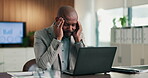 Laptop, massage and business man with headache for difficult audit, finance error or overwhelmed. Accountant, mature black person or migraine with tech at firm for filing crisis, workload or pressure