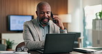 Black man, phone call and laptop in office for project discussion, report or planning at PR agency. Business person, management and mature public relations manager with tech or research communication