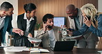 Business, team and man with crisis for phone call, deadline and multitasking in auditor office. Stress, overwhelmed and accountant with group, chaos and busy for schedule, agenda and time management