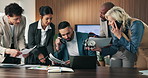 Business, group and man with chaos for deadline, auditor multitasking and phone call. Stress, overwhelmed and accountant with team in office, crisis and busy with schedule, agenda or time management