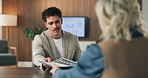 Business people, document and proposal in consultation for welcome, insurance planning and advice. Financial advisor, woman and meeting in office for compliance, paperwork or asset management