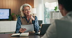 Business, discussion and happy woman with paperwork for job interview, HR and meeting with candidate. Office, recruiter and mature person with questions for vacancy, resume and onboarding process